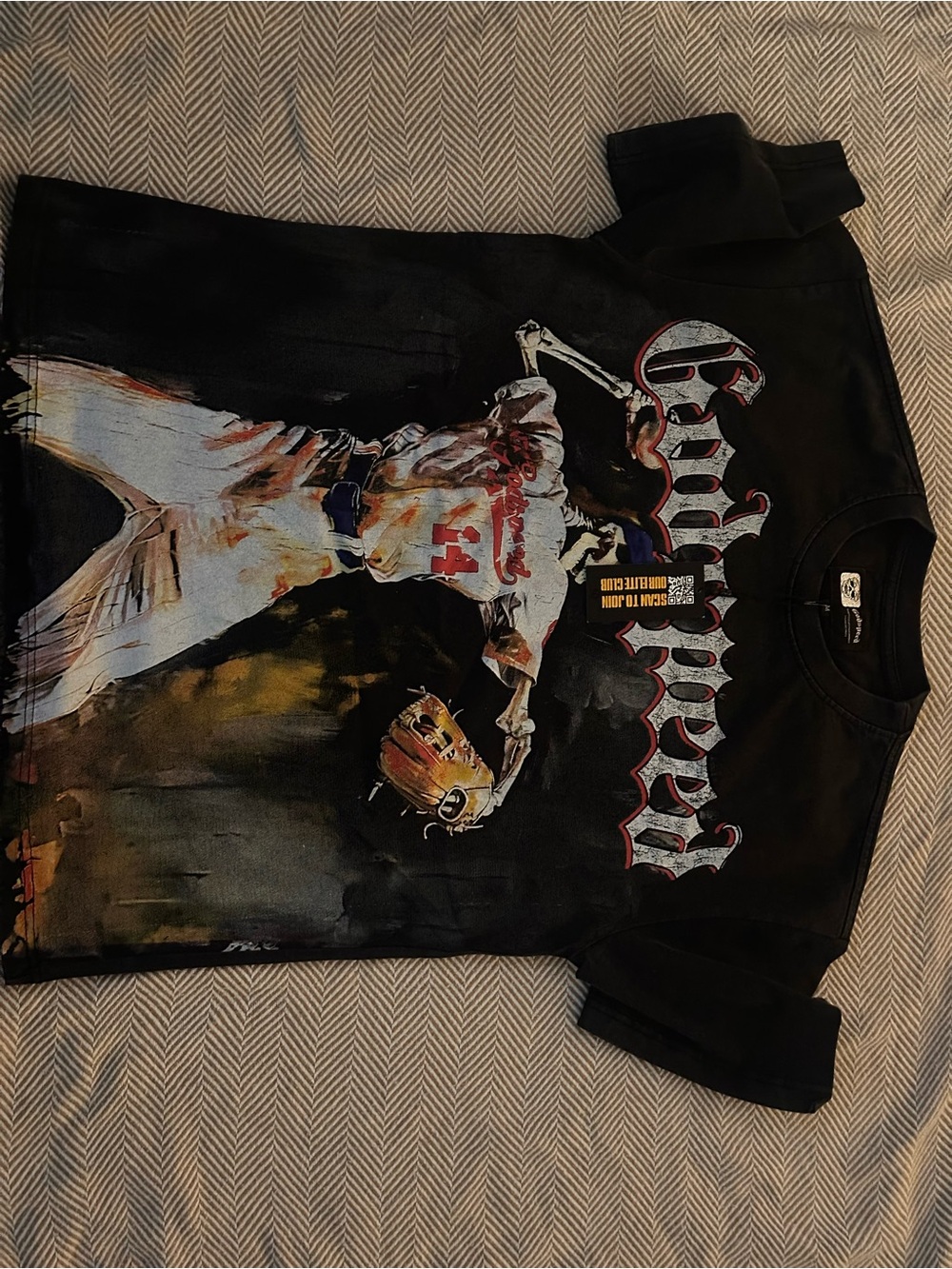 Black Graphic Short Sleeve Tee with Baseball Player Artwork
